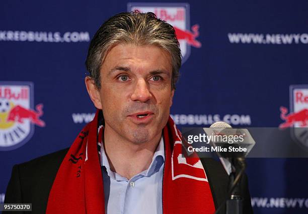 General Manager Erik Soler talks to the media during a press conference to announce Hans Backe as the new head coach of the New York Red Bulls at Red...