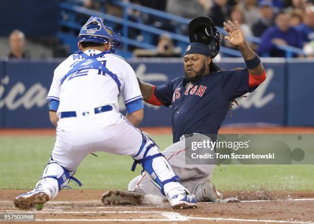 Hanley Ramirez of the Boston Red Sox is thrown out at home plate in the third inning during MLB game action as Luke Maile of the Toronto Blue Jays...