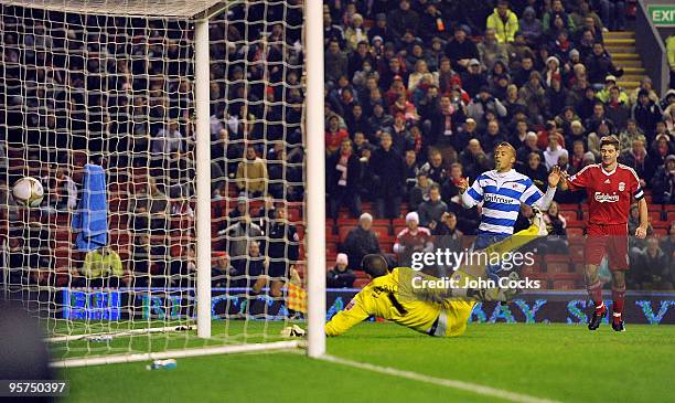Ryan Bertrand of Reading scores an own goal during the FA Cup 3rd round replay match between Liverpool and Reading at Anfield, on January 13, 2010 in...