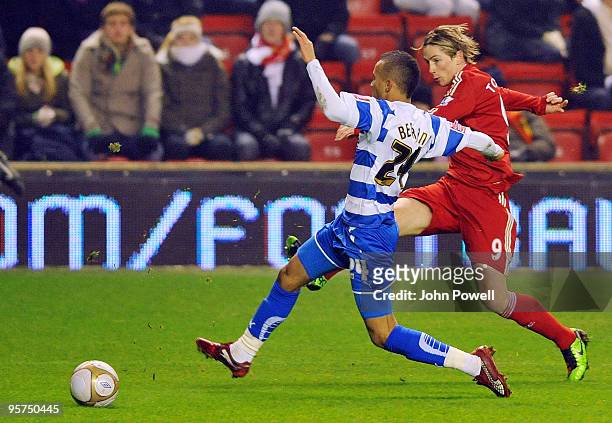 Fernando Torres of Liverpool tries to shoot past Ryan Bertrand of Reading during the FA Cup 3rd round replay match between Liverpool and Reading at...