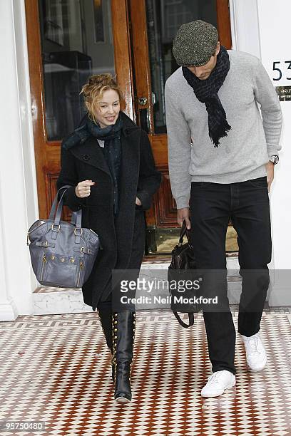 Kylie Minogue and Andres Velencoso sighted leaving her home on January 13, 2010 in London, England.