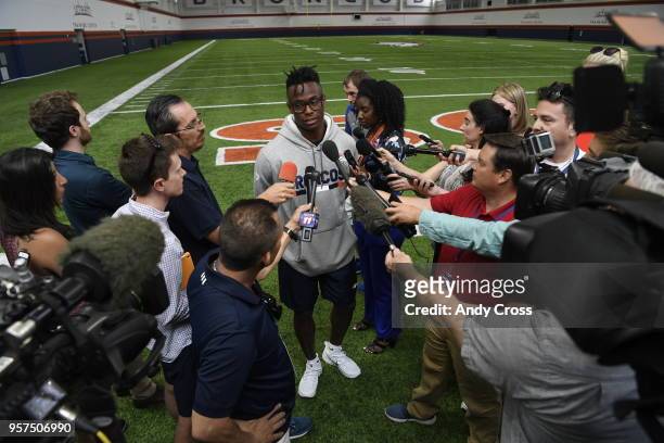 Denver Broncos rookie wide receiver DaeSean Hamilton talks to the press at Dove Valley May 11, 2018.
