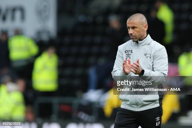 Derby County coach Kevin Phillips during the Sky Bet Championship Play Off Semi Final:First Leg match between Derby County and Fulham at iPro Stadium...