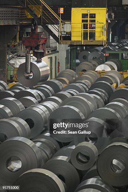 Giant winch transports a roll of steel at the ThyssenKrupp steelworks on January 13, 2010 in Duisburg, Germany. Recent economic data, including...