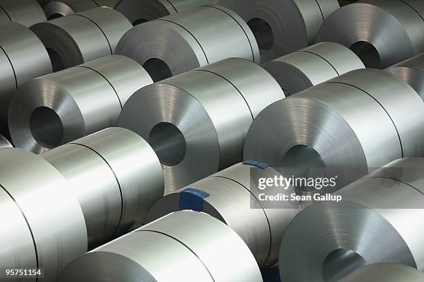 Finished rolls of galvanized steel lie at the ThyssenKrupp steelworks on January 13, 2010 in Duisburg, Germany. Recent economic data, including...