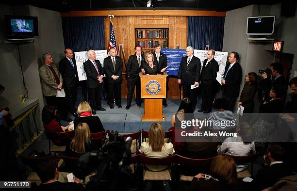 Marsha Blackburn speaks as Rep. Joe Barton , Rep. Louie Gohmert , Rep. John Shadegg , Rep. Steve King , Rep. Phil Gingrey , Rep. John Flemming , Rep....