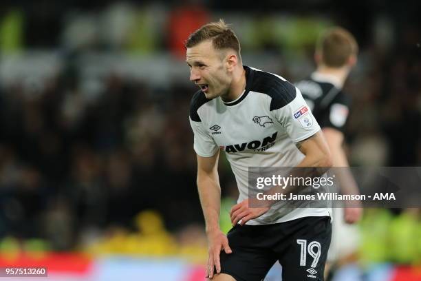 Andreas Weimann of Derby County reacts after picking up an ankle injury during the Sky Bet Championship Play Off Semi Final:First Leg match between...