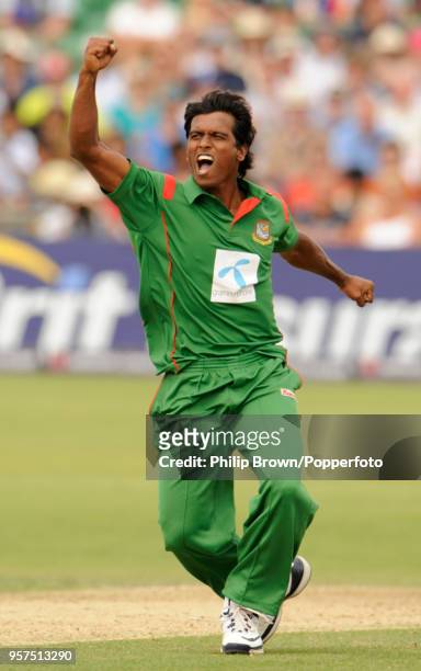 Rubel Hossain of Bangladesh celebrates after dismissing England batsman Andrew Strauss during the 2nd NatWest Series One Day International between...