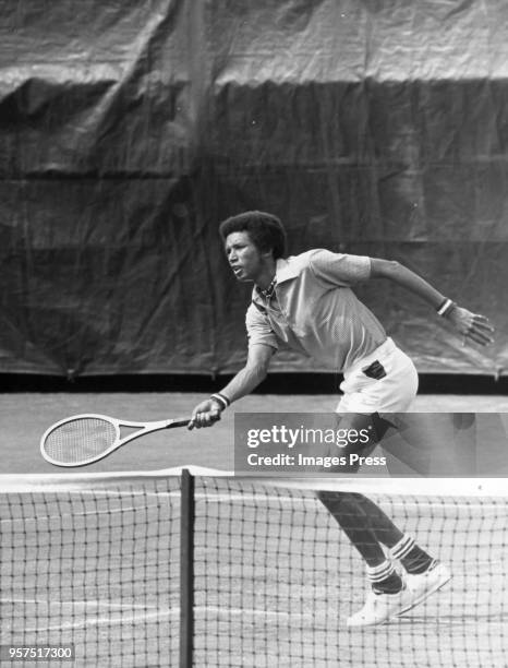 Arthur Ashe of the United States returns a shot during the Men's 1975 US Open Tennis Championships circa 1975 at Forest Hills West Side Tennis Club...