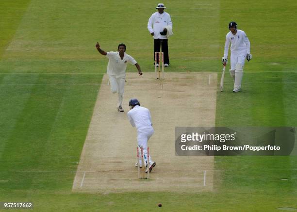 Shahadat Hossain of Bangladesh celebrates his fifth wicket after bowling James Anderson of England during the 1st Test match between England and...
