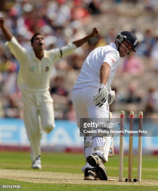England batsman Jonathan Trott is bowled for 3 runs by Shafiul Islam of Bangladesh during the 2nd Test match between England and Bangladesh at Old...