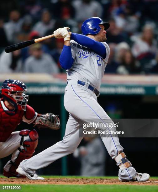Lucas Duda of the Kansas City Royals hits a one run double off Dan Otero of the Cleveland Indians during the sixth inning at Progressive Field on May...