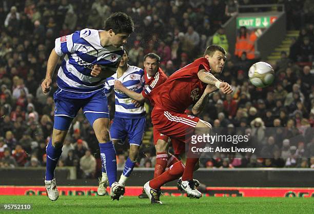 Shane Long of Reading scores his team's second goal during the FA Cup sponsored by E.ON 3rd Round Replay match between Liverpool and Reading at...