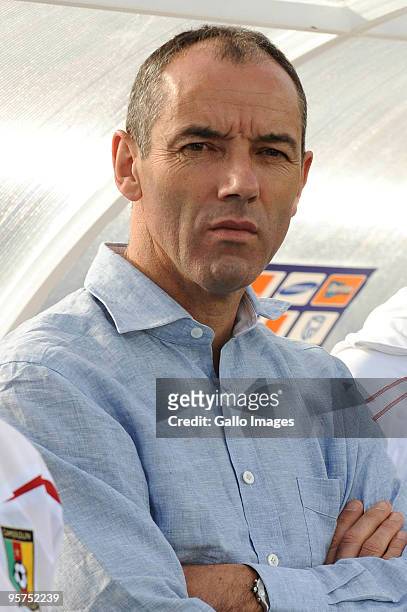 Cameroon coach Paul le Guen looks on during the Africa Cup of Nations match between Cameroon and Gabon from the Alto da Chela Stadium on January 13,...