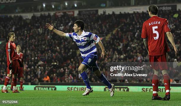 Shane Long of Reading celebrates scoring his team's second goal during the FA Cup sponsored by E.ON 3rd Round Replay match between Liverpool and...