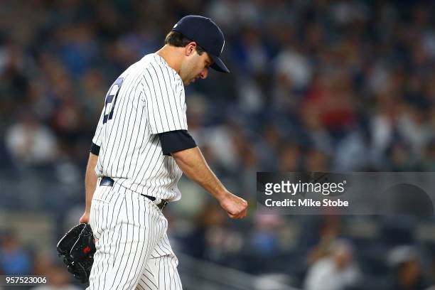 David Hale of the New York Yankees reacts in the eighth inning against the Oakland Athletics at Yankee Stadium on May 11, 2018 in the Bronx borough...