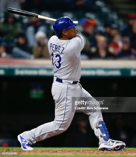 Salvador Perez of the Kansas City Royals hits a two run home run off Andrew Miller of the Cleveland Indians during the seventh inning at Progressive...