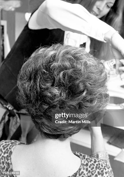 Hairdresser Carrie White sprays hairspray in a client's hair circa September, 1968 in Los Angeles, California.