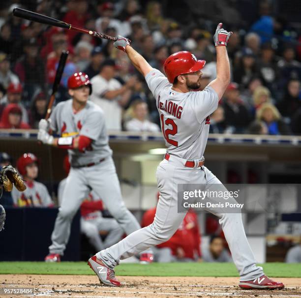 Paul DeJong of the St. Louis Cardinals hits a three-run home run during the second inning of a baseball game against the San Diego Padres at PETCO...