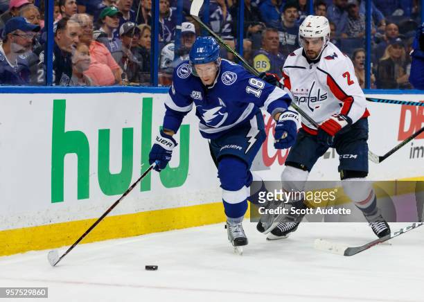 Ondrej Palat of the Tampa Bay Lightning against Matt Niskanen of the Washington Capitals during Game One of the Eastern Conference Final during the...