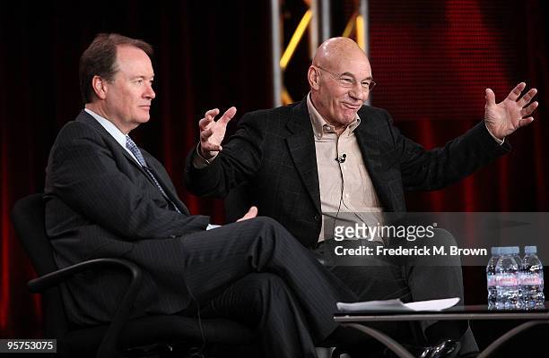 Executive producer David Horn and actor Sir Patrick Stewart speak during the PBS portion of the 2010 Television Critics Association Press Tour at the...
