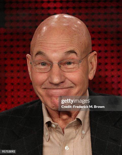 Actor Sir Patrick Stewart speaks during the PBS portion of the 2010 Television Critics Association Press Tour at the Langham Hotel on January 13,...