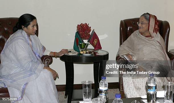 Bangladesh Prime Minister Sheikh Hasina with Mamata Banerjee at the ITC Maurya Hotel in New Delhi on Tuesday, January 12, 2010.