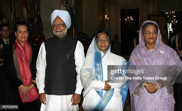 Sonia Gandhi, Manmohan Singh, Pratibha Patil and Sheikh Hasina after the Indira Gandhi award ceremony programme in New Delhi on Tuesday, January 12,...