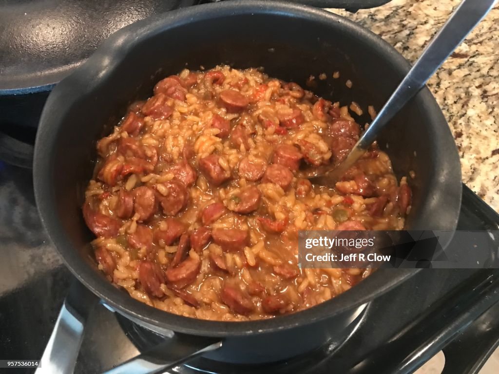 Homemade Sausage and Crawfish Gumbo on the Stove