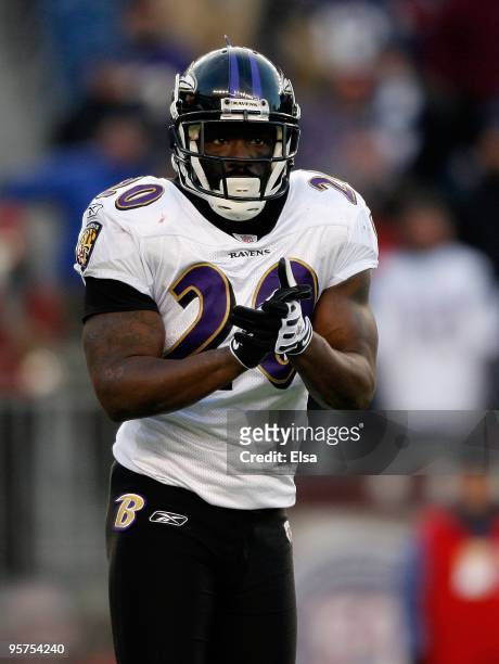 Ed Reed of the Baltimore Ravens looks on against the New England Patriots during the 2010 AFC wild-card playoff game at Gillette Stadium on January...