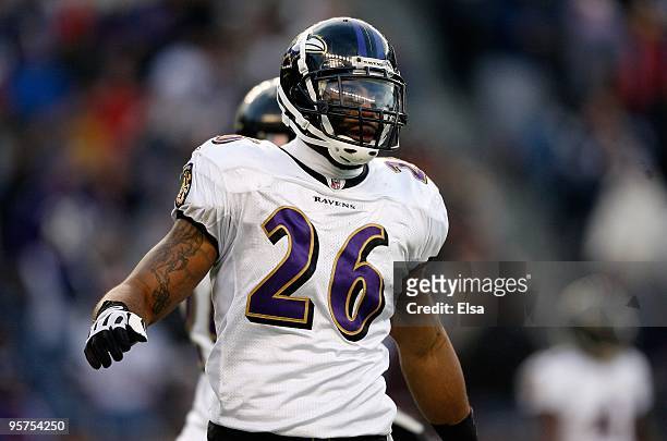 Dawan Landry of the Baltimore Ravens looks on against the New England Patriots during the 2010 AFC wild-card playoff game at Gillette Stadium on...