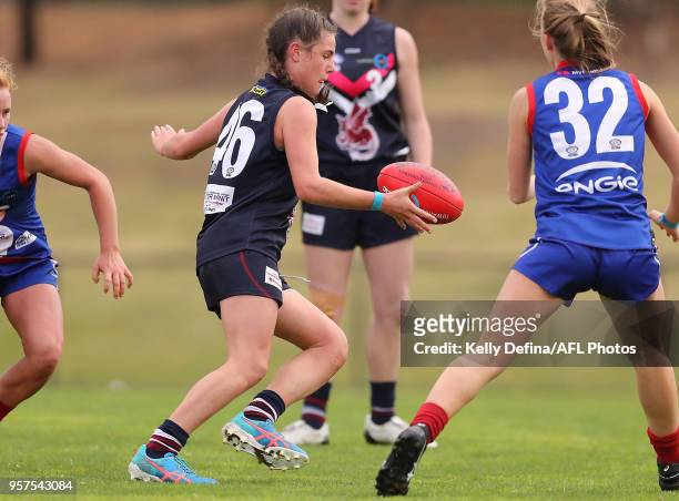 Alice Burke of the Dragons runs with the ball during the TAC Cup round six match between the Gippsland Power and the Sandringham Dragons at RAMS...