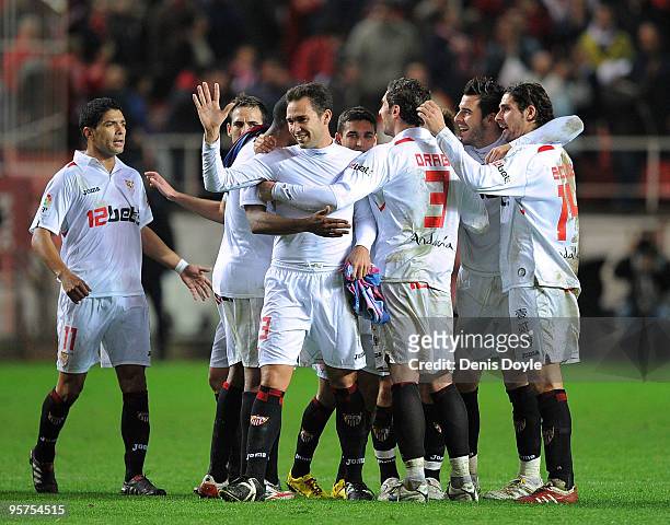 Sevilla players celebrate at the end of the last 16 second leg Copa del Rey match between Barcelona and Sevilla at the Ramon Sanchez Pizjuan stadium...