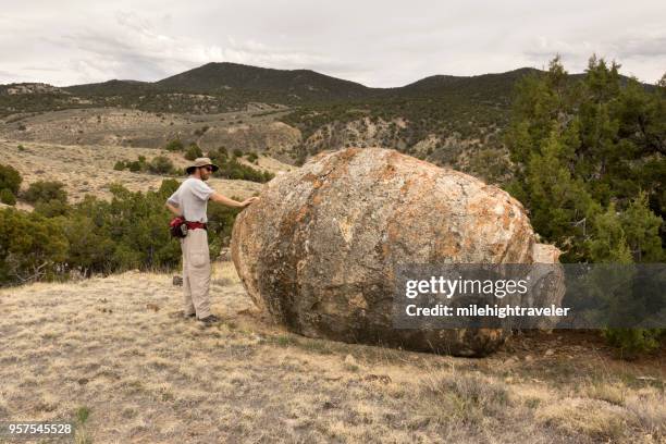 hiking man explores ancient huge ducey stromatolite limestone fossil northwest colorado - stromatolite stock pictures, royalty-free photos & images