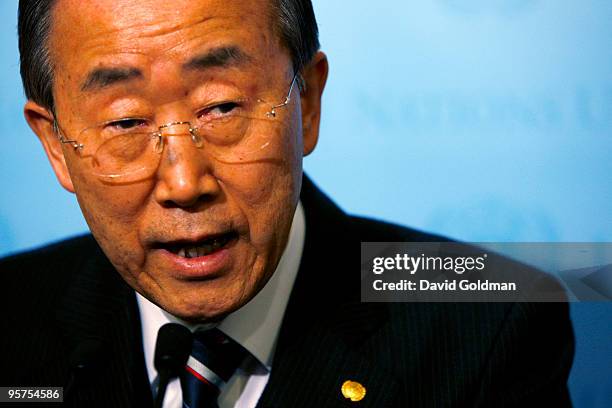 United Nations Secretary-General Ban Ki-moon addresses the media on the situation in Haiti following an earthquake at United Nations Headquarters on...