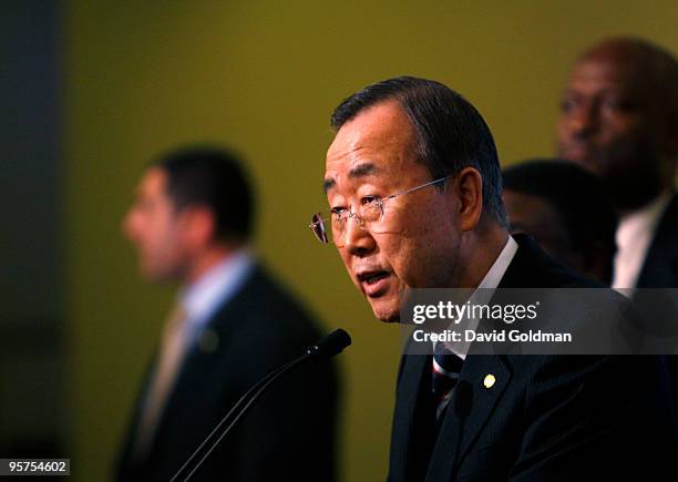 United Nations Secretary-General Ban Ki-moon addresses the media on the situation in Haiti following an earthquake at United Nations Headquarters on...