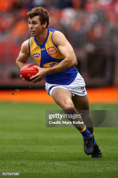 Mark LeCras of the Eagles runs the ball during the round eight AFL match between the Greater Western Giants and the West Coast Eagles at Spotless...