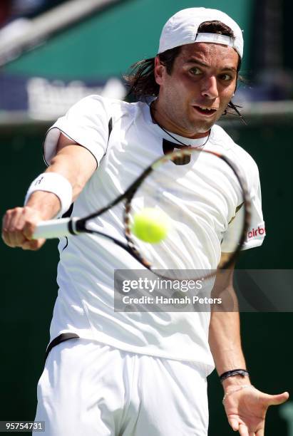 Albert Montanes of Spain plays a backhand during his quarter final match against Michael Lammer of Switzerland at ASB Tennis Centre on January 14,...