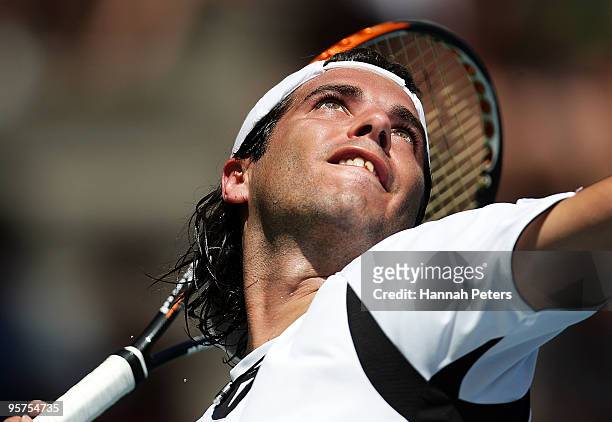 Albert Montanes of Spain serves during his quarter final match against Michael Lammer of Switzerland at ASB Tennis Centre on January 14, 2010 in...