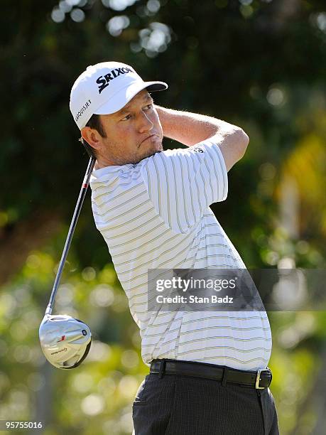 Tim Clark hits a drive from the first tee box during the Pro-Am round for the Sony Open in Hawaii held at Waialae Country Club on January 13, 2010 in...