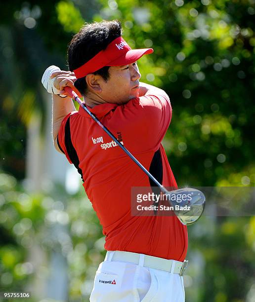 Yang hits a drive from the first tee box during the Pro-Am round for the Sony Open in Hawaii held at Waialae Country Club on January 13, 2010 in...