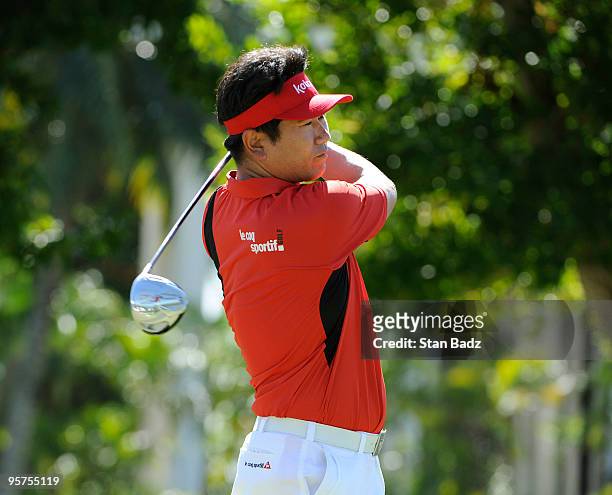 Yang hits a drive from the first tee box during the Pro-Am round for the Sony Open in Hawaii held at Waialae Country Club on January 13, 2010 in...