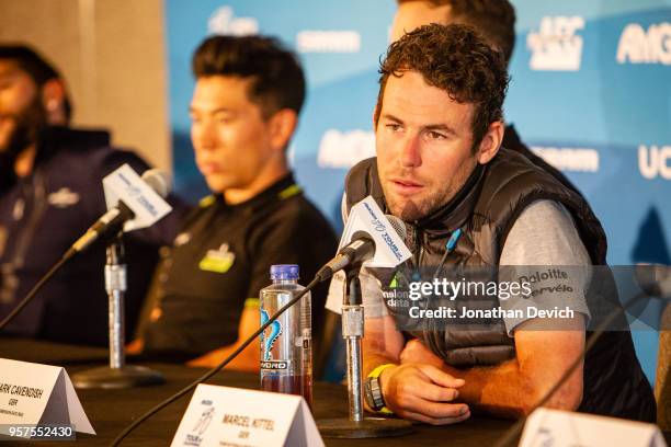 Mark Cavendish of Great Britain and riding for Team Dimension Data listens to questions at the opening press conference of the Amgen Tour of...