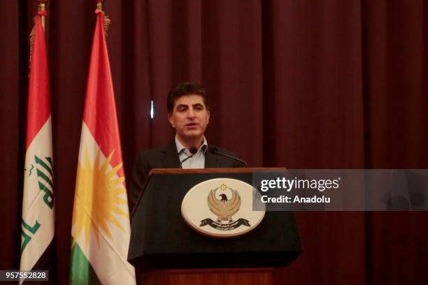 Prime Minister of Iraqi Kurdish Regional Government , Nechirvan Barzani holds a press conference after casting his vote for the Iraqi parliamentary...