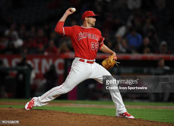 Los Angeles Angels of Anaheim pitcher Jim Johnson in action during the ninth inning of a game against the Minnesota Twins played on May 11, 2018 at...