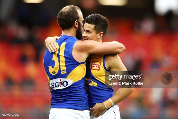 Will Schofield of the Eagles and Liam Duggan of the Eagles celebrate victory during the round eight AFL match between the Greater Western Giants and...