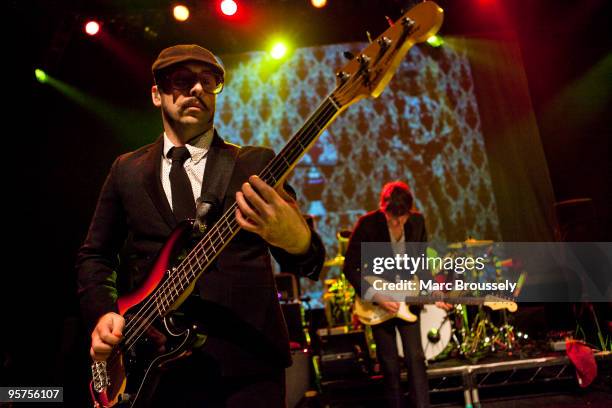 Tim Nordwind and Damian Kulash of OK Go perform on stage at Shepherds Bush Empire on January 13, 2010 in London, England.