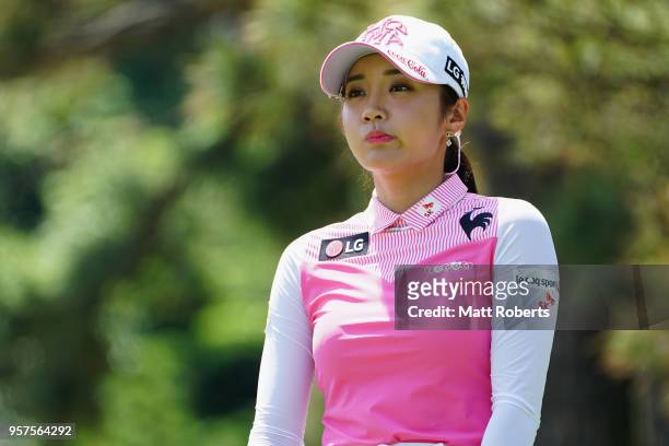 Bo-Mee Lee of South Korea reacts after her tee shot on the 3rd hole during the second round of the Hoken No Madoguchi Ladies at the Fukuoka Country...