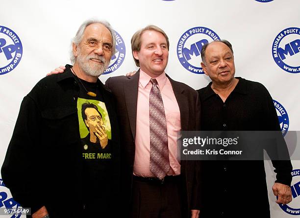 Tommy Chong, Rob Kampia and Cheech Marin pose on the red carpet during the Marijuana Policy Project's 15th Anniversary Gala to celebrate ''15 States...