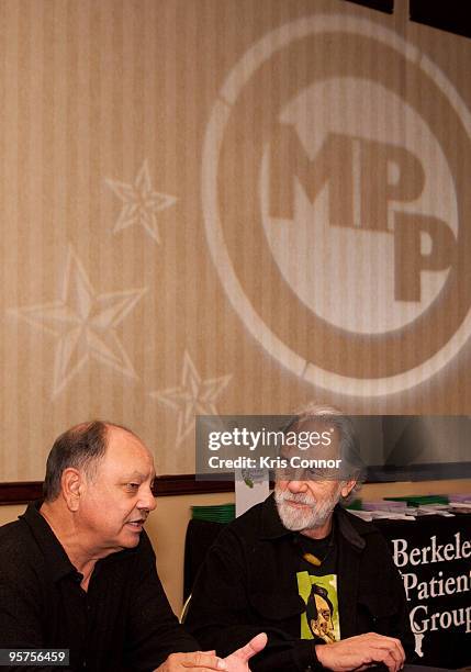 Cheech Marin and Tommy Chong speak with a reporter during the Marijuana Policy Project's 15th Anniversary Gala to celebrate ''15 States in 15 Years''...